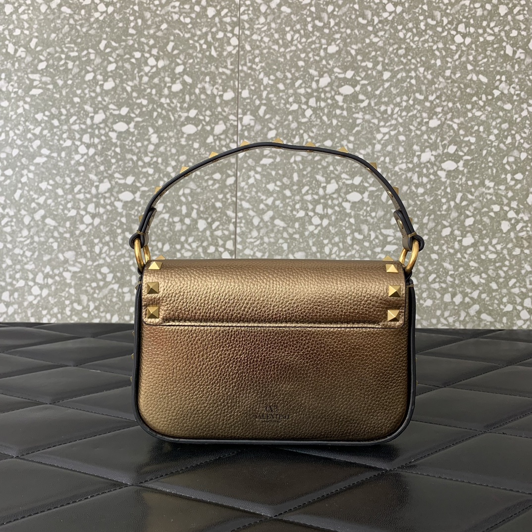 Valentino Garavani Rockstud Small Shoulder Bag in Gold Grainy Calfskin